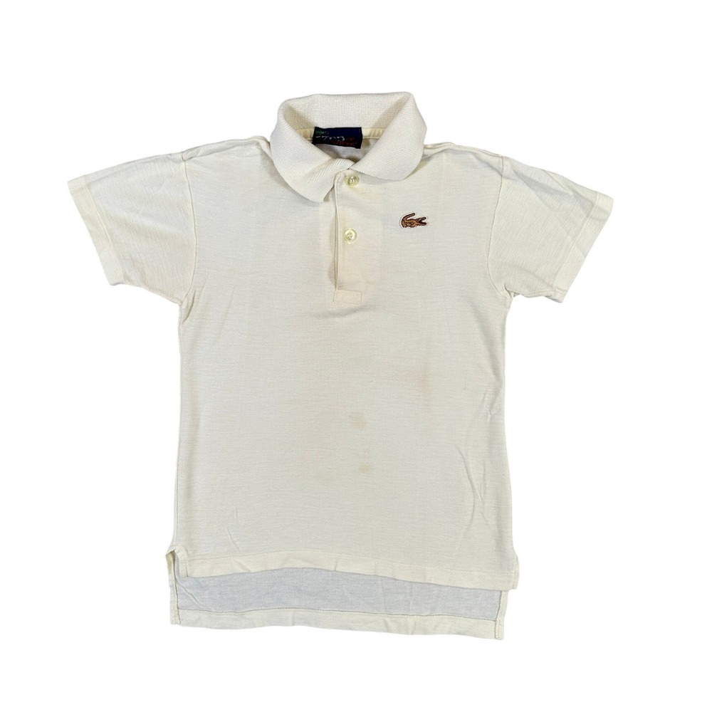 Vintage Izod Lacoste Polo Shirt Cream Pique Knit Crocodile Logo Boys Size 12